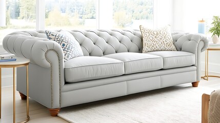 Elegant Light Gray Leather Chesterfield Sofa in Bright Living Room