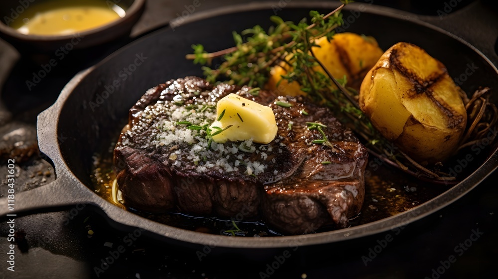 Poster delectable steak dinner served on a hot cast iron plate sizzling with butter and garnished with frag