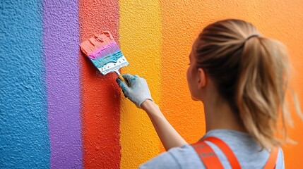 A person painting a colorful mural on a wall, showcasing vibrant stripes in various hues.