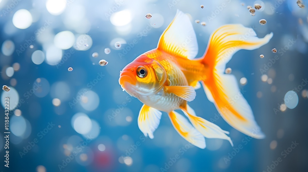 Poster a close up view of an elegant goldfish swimming gracefully and effortlessly through a pristine well 