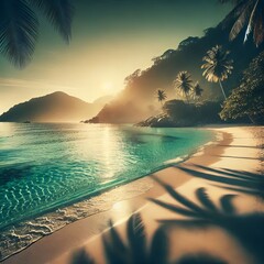 Fototapeta premium A serene tropical beach with crystal-clear water and white sand, cinematic lighting 