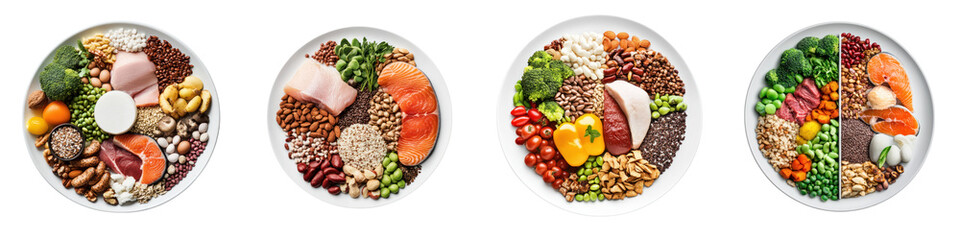 Balanced meal plates with protein, vegetables, and grains for healthy eating