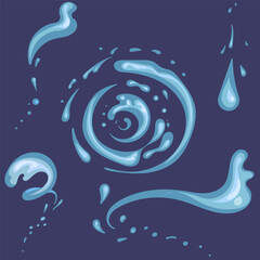 Water and its drops in different forms. with highlights and shades of blue. Vector illustration