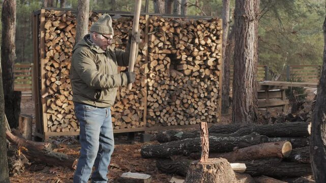 An individual chops a log with an axe in a forest environment. Stacked firewood is visible in the background, showcasing a rustic, wintery setting.