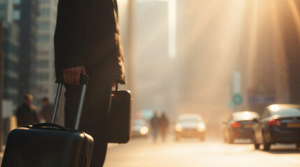 Volumetric lighting, blurred bokeh effect, sharply focused man with luggage and city background, soft background, visible light beams through dust or fog, cinematic depth of field.