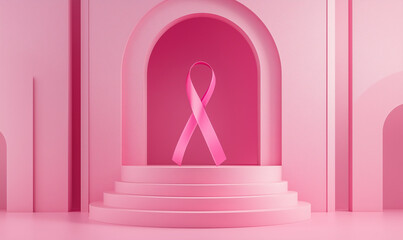 Pink ribbon on pink podium symbol of awareness. Breast cancer awareness support or women's health advocacy concept, compassionate gesture. Copy space for banner.