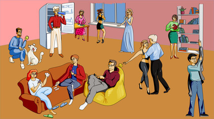 A group of people in a room doing various things: playing, reading books, rehearsing a dance. everyone is busy with their own business. Vector illustration