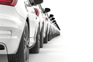 Premium Quality Image of Fleet of White Cars in a Row Isolated From White Background