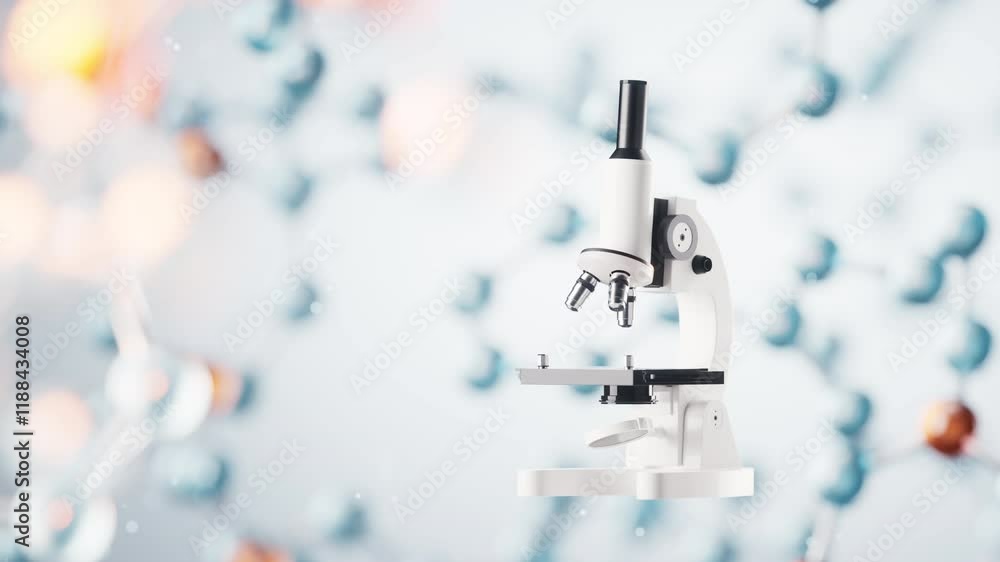 Poster microscope with transparent molecules background, 3d rendering.