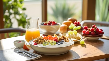 Perfectly arranged breakfast table featuring a delightful display of granola yogurt and an assortment of fresh colorful fruits creating a serene and inviting atmosphere for a nourishing morning meal