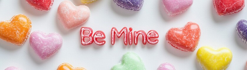 Obraz premium Colorful Candy Hearts with Be Mine Message Creating a Sweet and Festive Atmosphere Perfect for Celebrating Love and Affection on Special Occasions, White Background