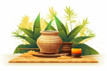 Obraz premium Celebrating pongal with a festive still life featuring traditional clay pot, rice, sugarcane, and a vibrant tropical backdrop