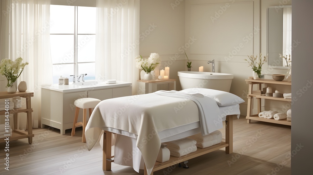 Aufkleber serene and tranquil spa environment featuring a calming massage table adorned with soft luxurious wh