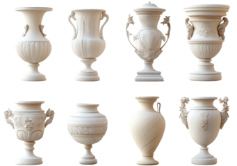 isolated on a transparent background1 - White stone ornamental vases, a collection of white marble flower pots isolated on a transparent background png