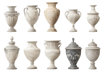  isolated on a transparent background1 - White stone ornamental vases, a collection of white marble flower pots isolated on a transparent background png