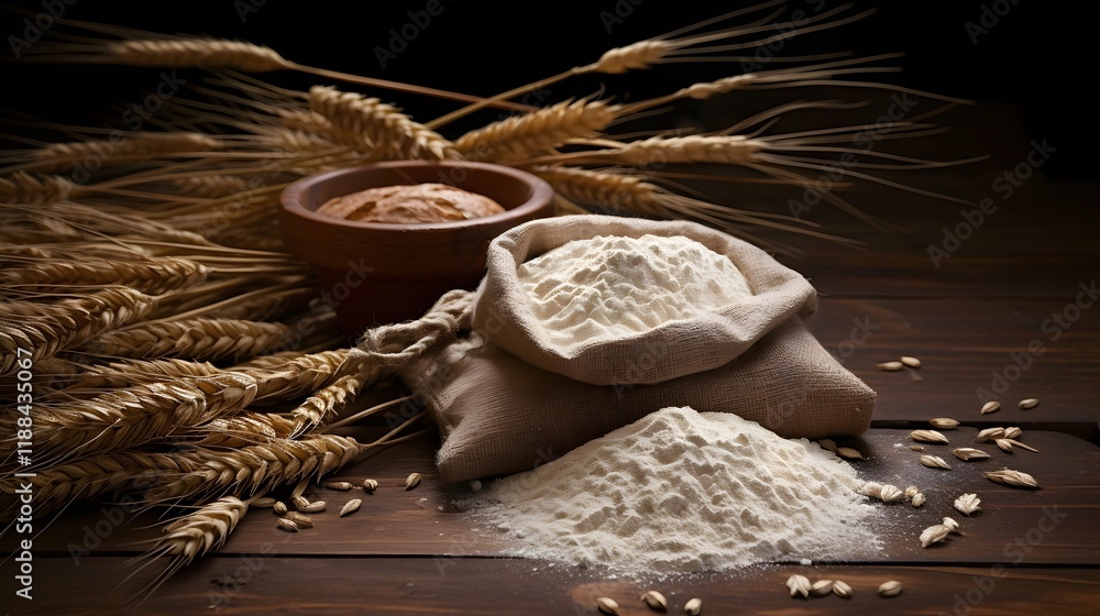 Poster closeup of a rustic burlap bag filled with rye flour with scattered grains around it placed on a wor