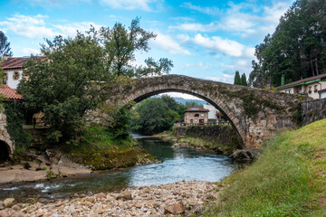 16th century Puente Mayor de Lierganes over the Miera River. Cantabria, Spain.