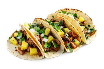 Pixel Perfect Image of Mexican Tacos Al Pastor with Pineapple, Cilantro, and Onions