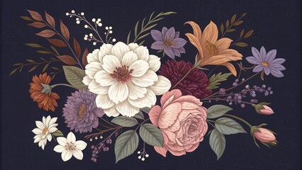 Dark Floral Bouquet Illustrated Botanical Composition with Roses, Dahlias and Lilies, Vintage Aesthetic Floral Illustration, Botanical Art