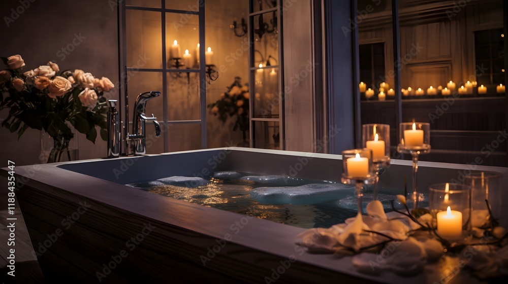 Poster relaxing spa bath with soft glowing candles and soothing steam rising creating a serene and tranquil