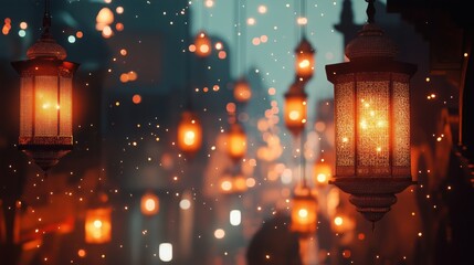 Ramadan Kareem. Islamic Greeting Cards for Muslim Holidays and Ramadan. Blue banner with moon and lantern.