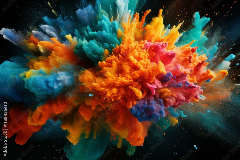 Poster multicolored powder paint exploding and creating a vibrant cloud on a black background, perfect for 