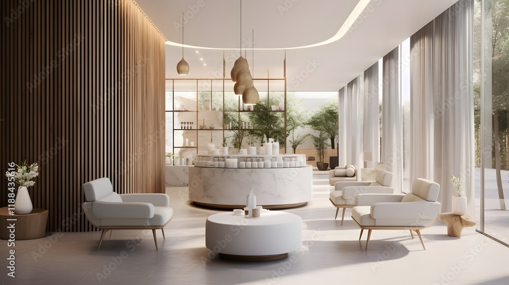 Poster elegant and serene modern spa reception area with calming decor neutral tones and a harmonious invit