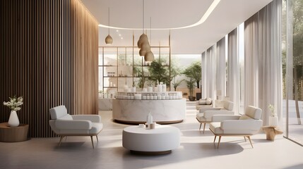 Elegant and serene modern spa reception area with calming decor neutral tones and a harmonious inviting atmosphere  Designed with a minimalist