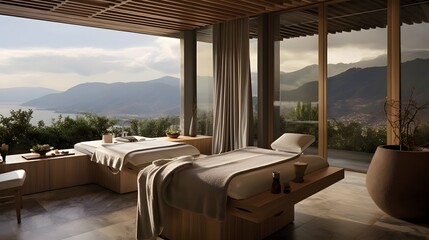 Fototapeta premium Luxurious and Serene Spa Room with Massage Table Overlooking a Breathtaking Scenic View Offering a Tranquil Retreat for Relaxation and Wellness