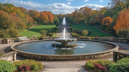 A serene fountain surrounded by vibrant autumn foliage in a landscaped garden.