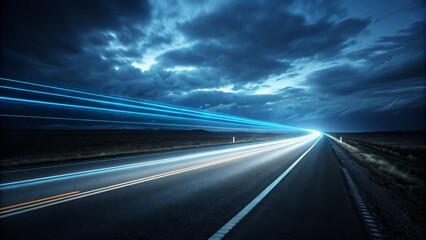 Obraz premium Night Road Blue Light Trails, Dramatic Cloudscape, Speed Concept, Highway, Landscape Night photography, Light trails