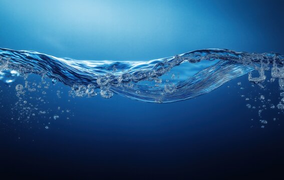 A vibrant underwater scene showing a wave crest with sparkling air bubbles rising in clear, blue water under natural light.
