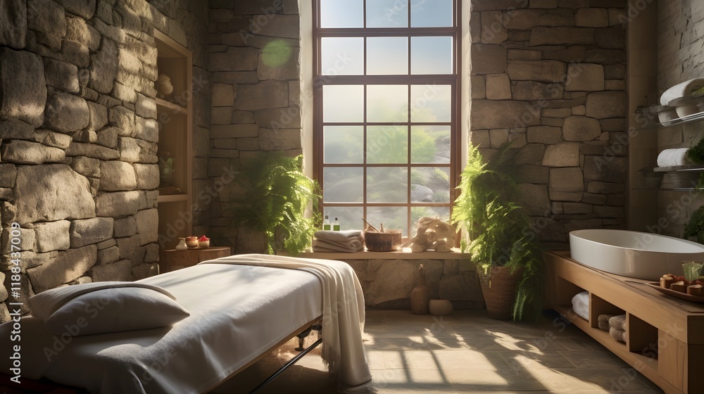 Aufkleber tranquil spa setting with an open window allowing natural light to flood the room and a gentle breez