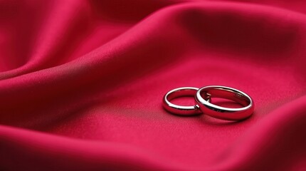 A Two intertwined silver rings on pink fabric, symbolizing love and commitment, perfect for Valentine Day