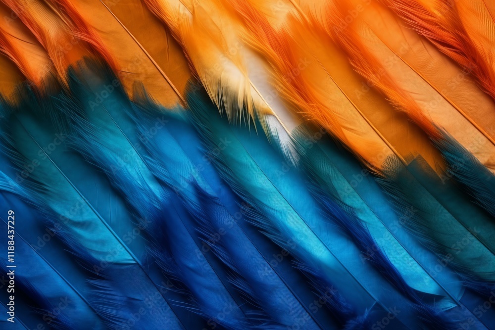 Poster diagonal composition of vibrant blue and orange feathers, creating a striking gradient effect and so