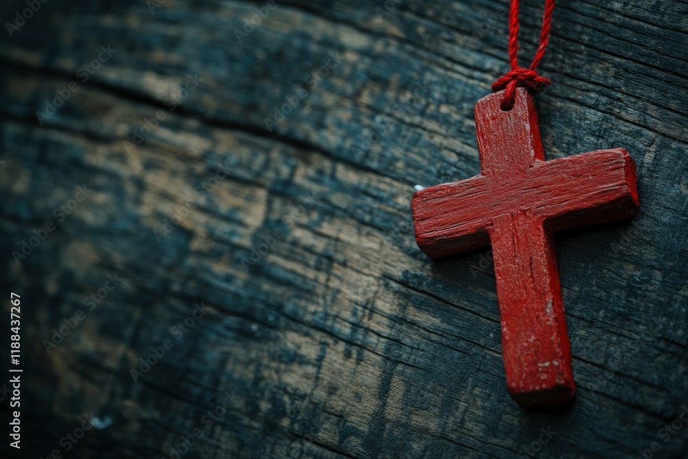 Poster close up of the red cross hang on crown of thorns of Jesus on wooden background with copy space, can be used for Christian concept , Easter concept, Vintage tone 