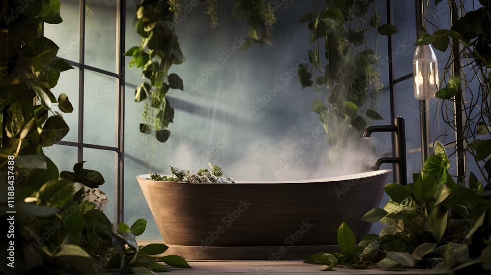 Poster tranquil and serene spa bath with fresh eucalyptus leaves floating in steaming water creating a calm