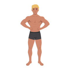 Fototapeta premium Young muscular bodybuilder posing on Front Lat Spread. Flat vector illustration isolated on white background