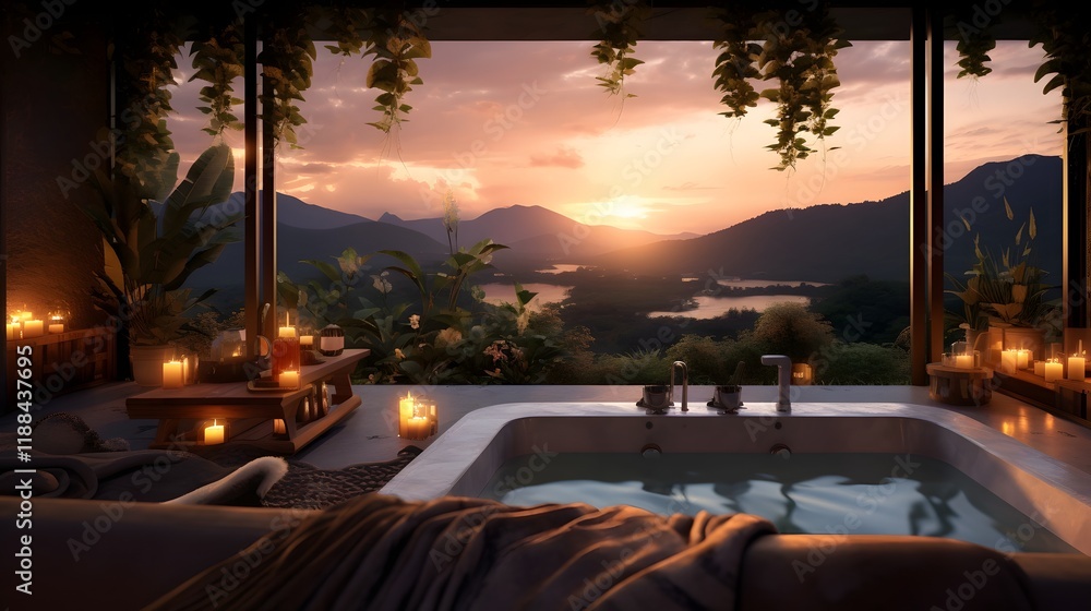 Poster serene spa setting with a breathtaking view of the mountains and a beautiful sunset in the backgroun