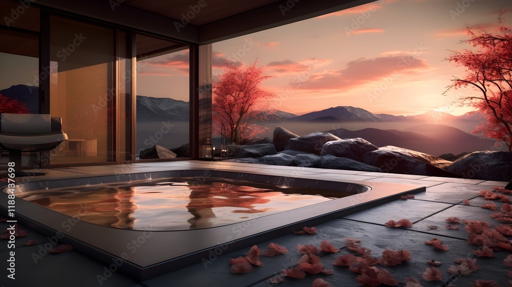 Poster Tranquil spa setting with a breathtaking view of a stunning sunset over the majestic mountains creating a serene and calming atmosphere for relaxation and rejuvenation
