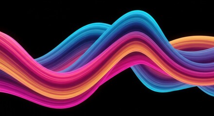 Abstract Colorful Wave: Vibrant, flowing ribbons of color intertwine and undulate against a deep black background, creating a dynamic and visually captivating abstract artwork.