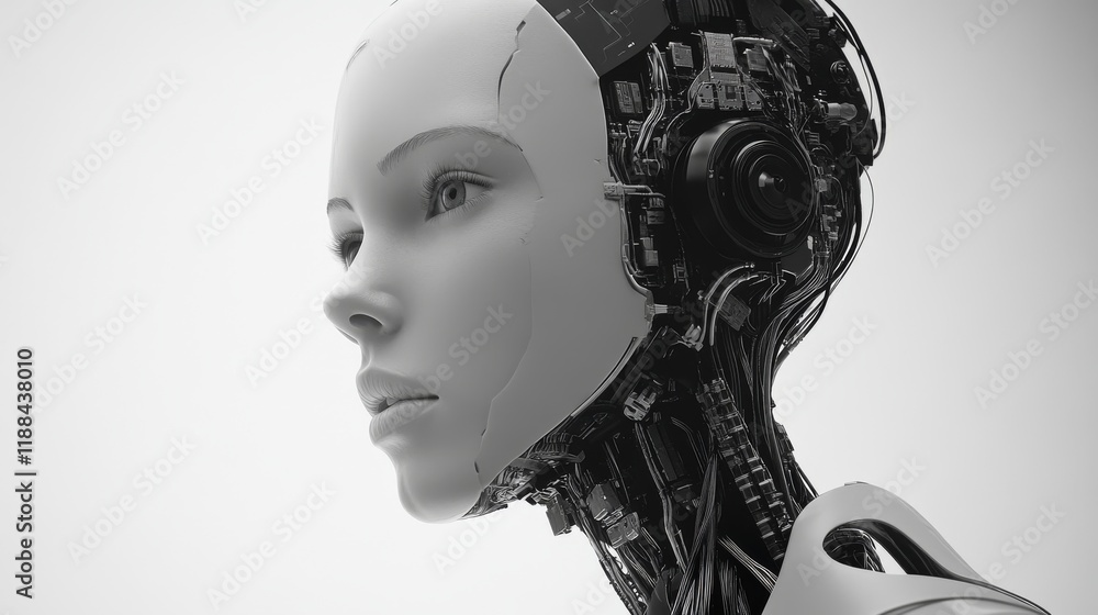 Poster advanced artificial intelligence concept illustrating future technological singularity with deep lea