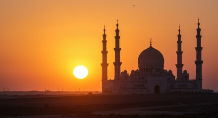 Ramadan Sunset at Mosque Tranquil Landscape Architectural Beauty Spiritual Environment Inspirational Viewpoint