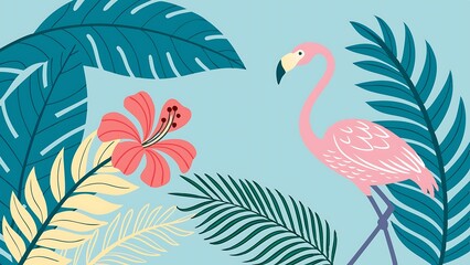 A pink flamingo with sunglasses and a flower crown poses against a blue background with palm leaves. The flamingo is a symbol of summer, fun, and tropical vacations.