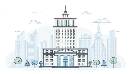 Obraz premium office building with city scape, ancient retro illustration background