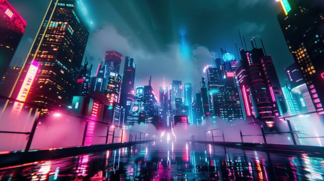 a futuristic cityscape illuminated by neon lights and holographic displays, white space in the center of the page for text, bold and vibrant colors contrasting against a dark urban backdrop
