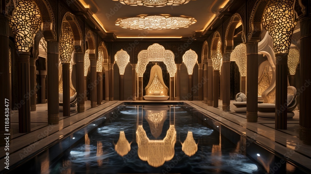 Poster luxurious bathhouse featuring intricate tile work and warm ambient lighting creating a serene and re