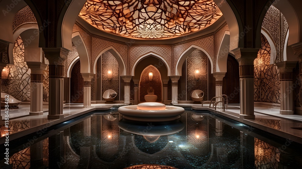 Poster stunning tile adorned bathhouse with intricate patterns and warm ambient lighting creating a serene 