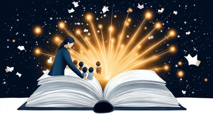 Naklejka premium A hand-drawn style illustration of a teacher opening a large book with glowing lights and stars emerging, surrounded by small children, symbolizing the wonder of learning and imagination