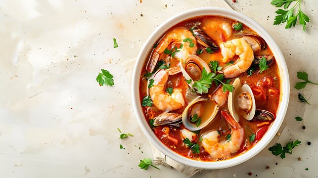 A bowl of zuppe di pesce (fish stew) with assorted seafood and herbs, set against a plain beige background with ample space around the dish.